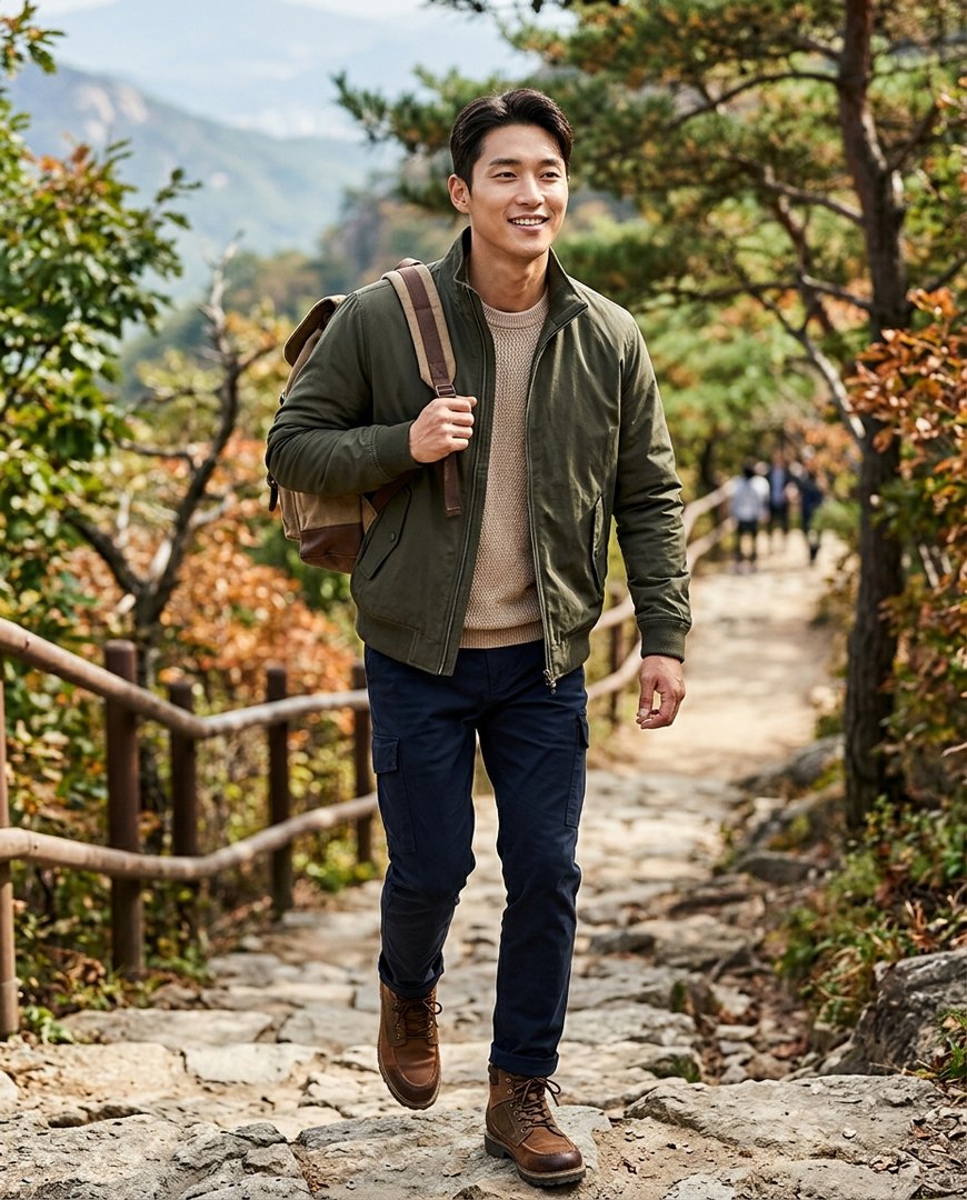 운동장에서 활동적인 자세로 블랙 점퍼를 입은 모델