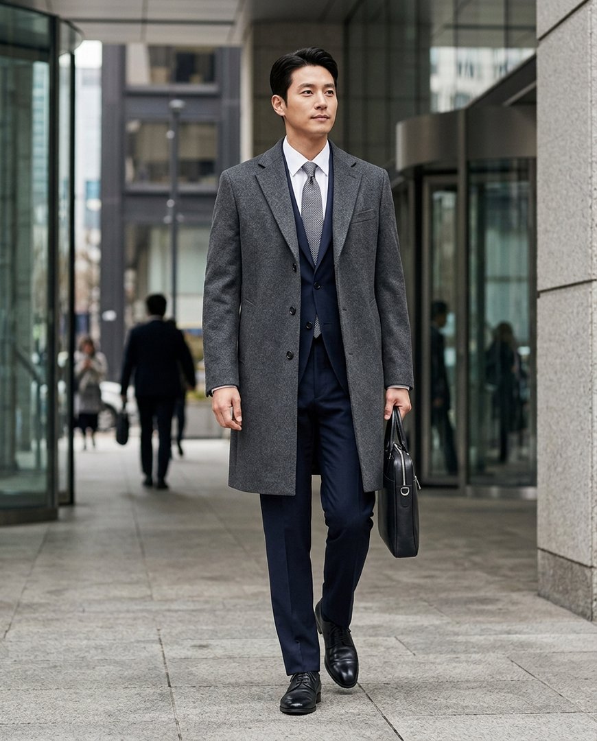 블랙 울 코트와 슬랙스를 매치한 출근 스타일.