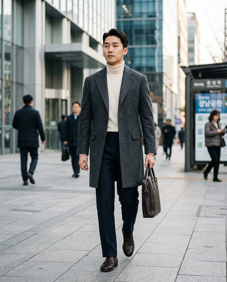 비즈니스 빌딩 앞을 지나가는 슬림핏 하프코트 착장