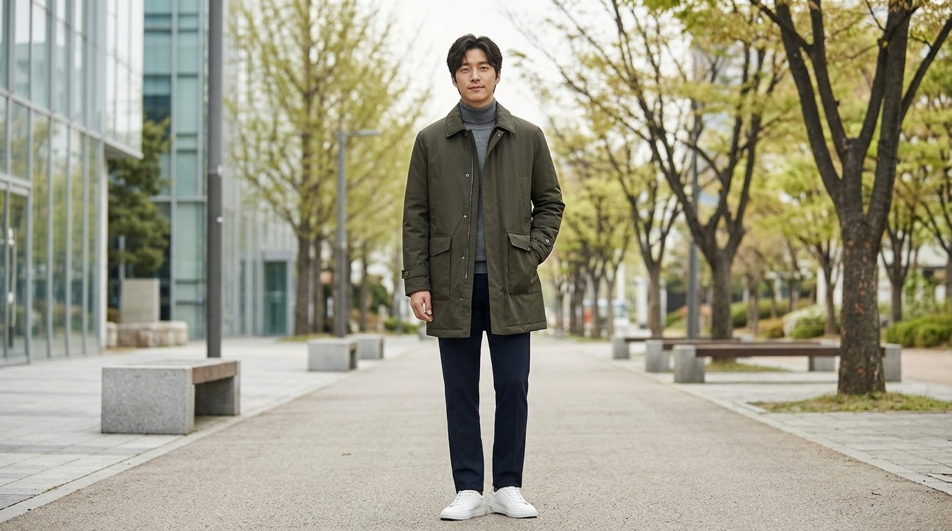 넓은 공간에서 하프자켓을 착용한 모델과 슬랙스 장면