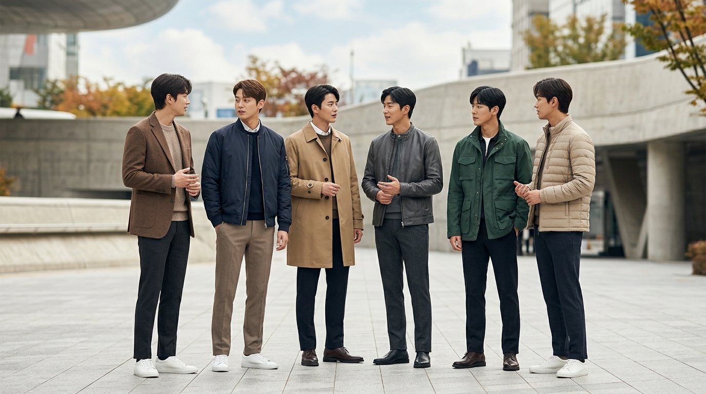 비즈니스 캐주얼을 입은 일곱 남성이 회의실에서 토론 중입니다.