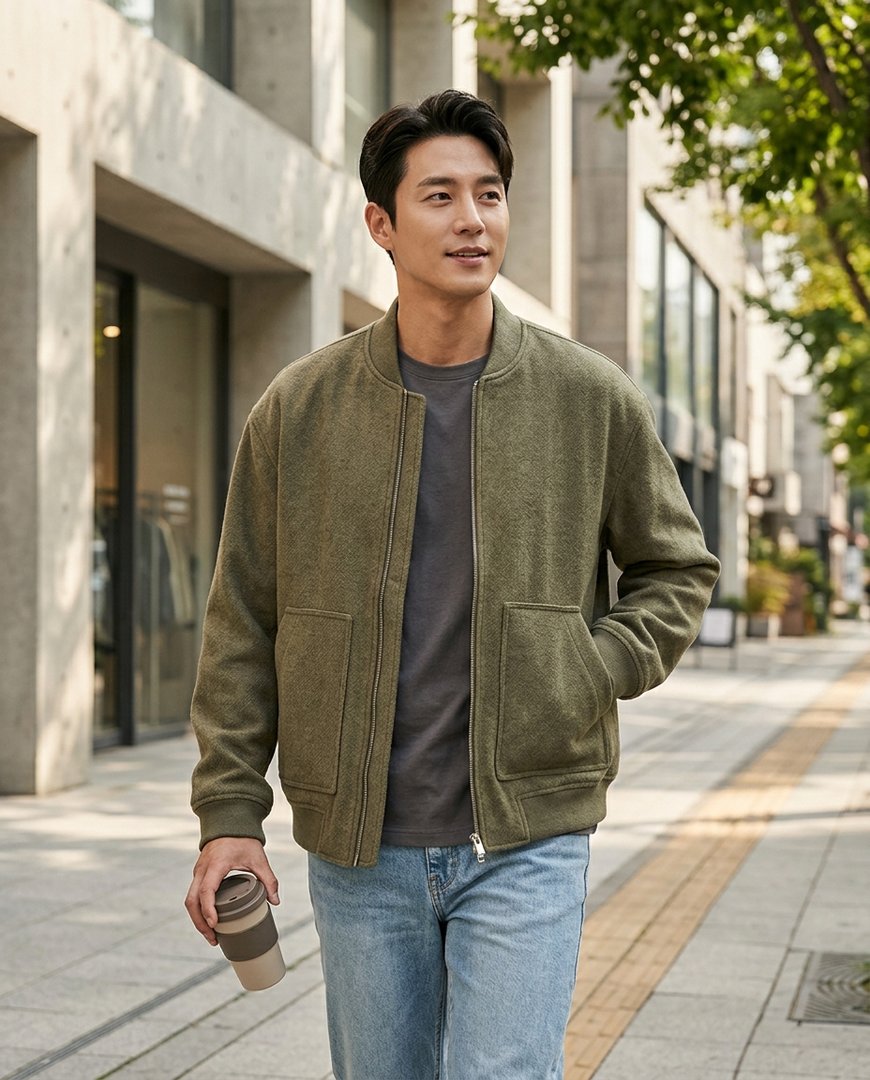 블랙 자켓과 코튼 팬츠, 스니커즈를 매치한 캐주얼 오피스 룩