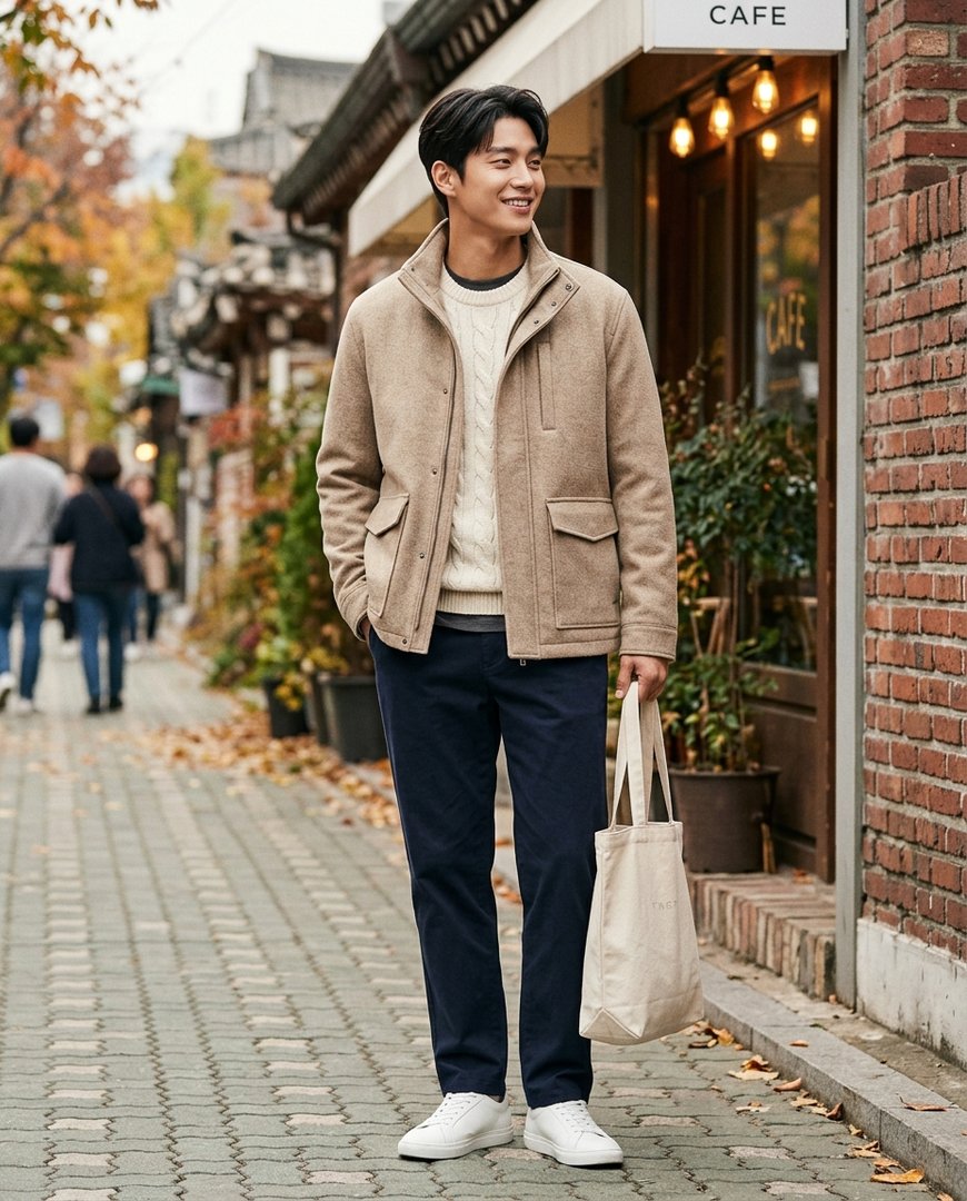린넨 셔츠와 네이비 하프 자켓을 입고 주말 산책 중