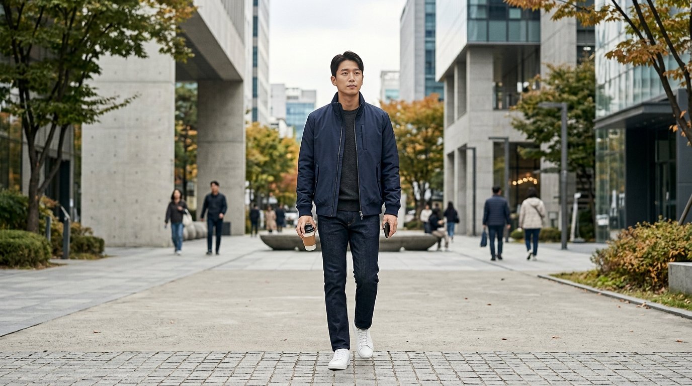 모델이 다양한 캐주얼 점퍼를 입고 있는 스튜디오 장면
