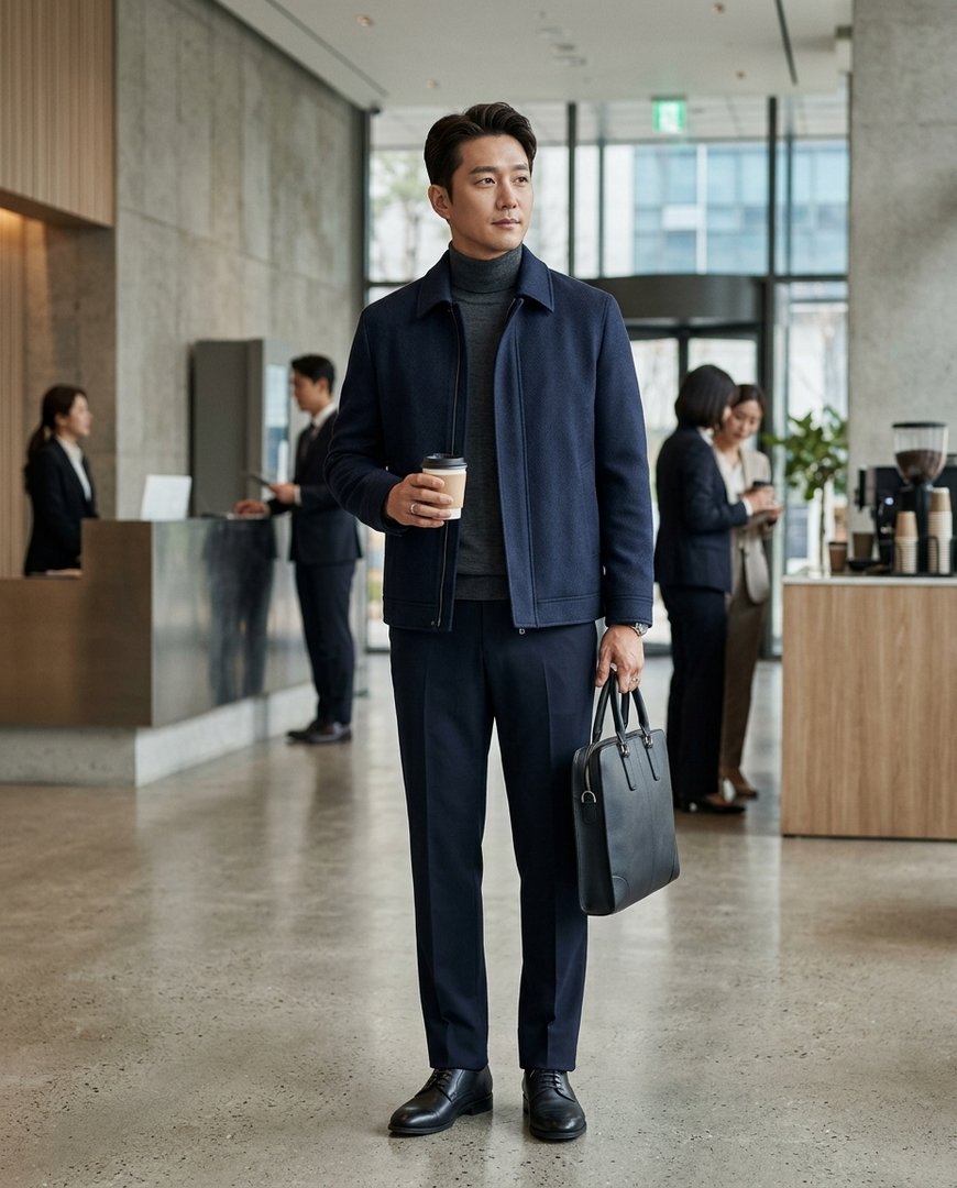 사무실 안에서 블랙 점퍼와 슬랙스를 입은 사람들