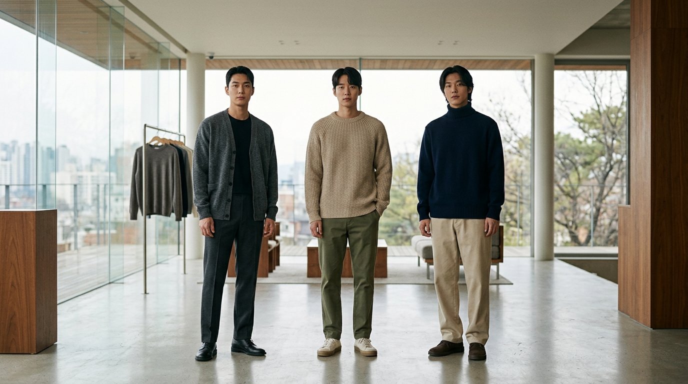 카페에서 다양한 니트를 입은 사람들이 모여 있는 장면