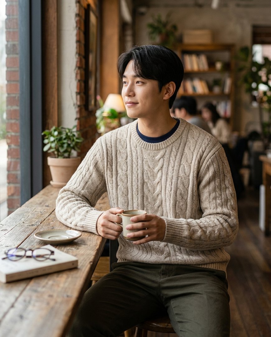 아침 카페에서 체크 셔츠와 니트 조합을 입은 장면