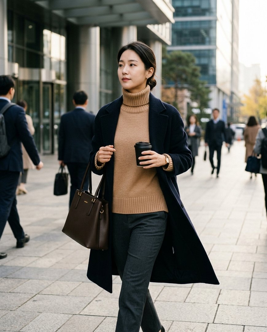 포멀 셔츠와 니트를 조합한 오피스룩