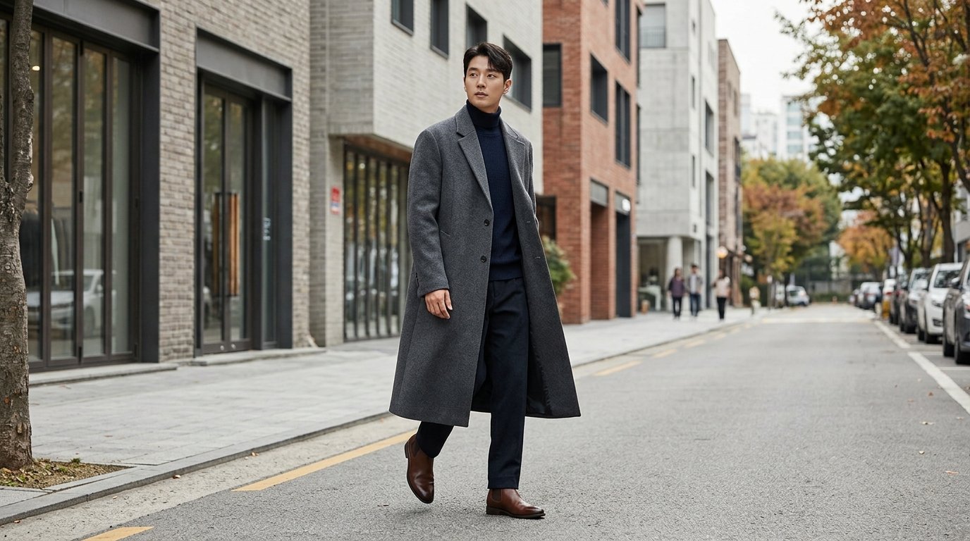 도심 거리를 배경으로 다양한 롱코트가 가지런히 진열된 장면