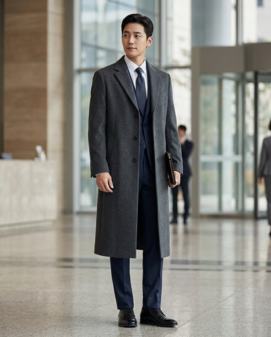 잘 다린 수트 위에 롱코트를 걸친 모습