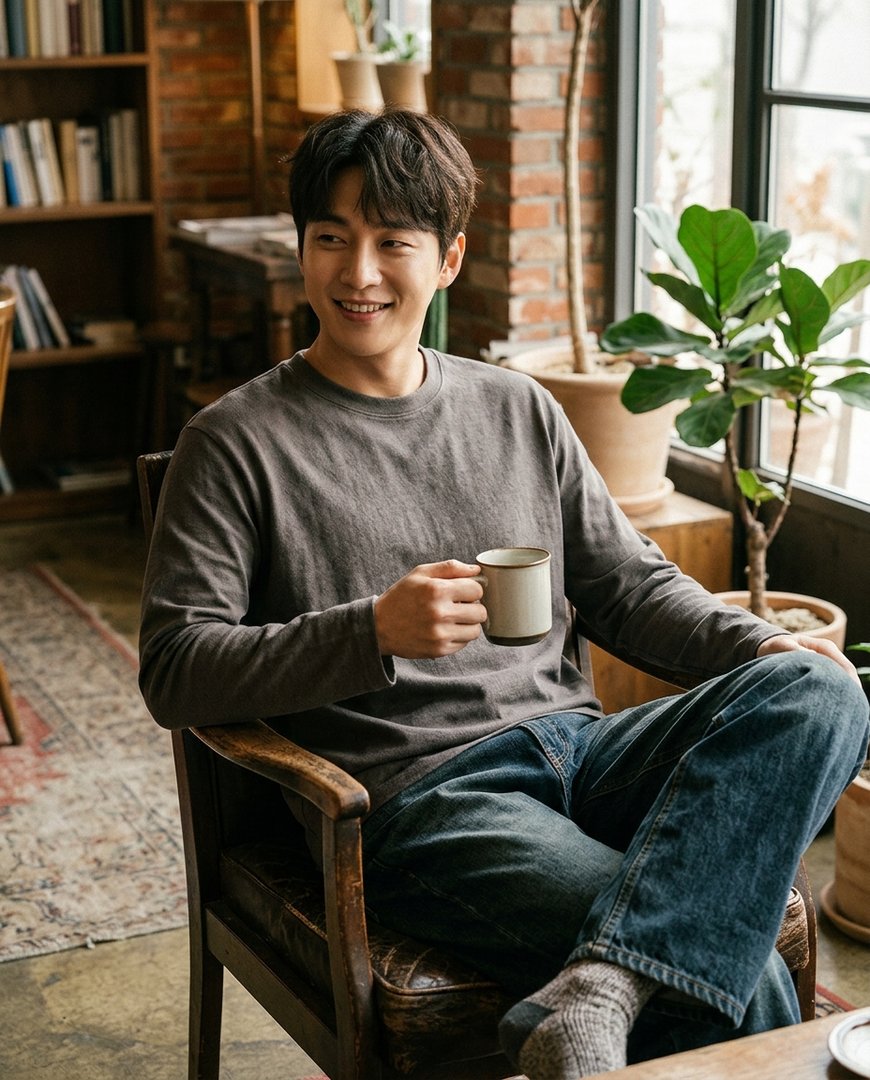 긴팔티셔츠와 데님으로 코디한 캐주얼 주말 룩