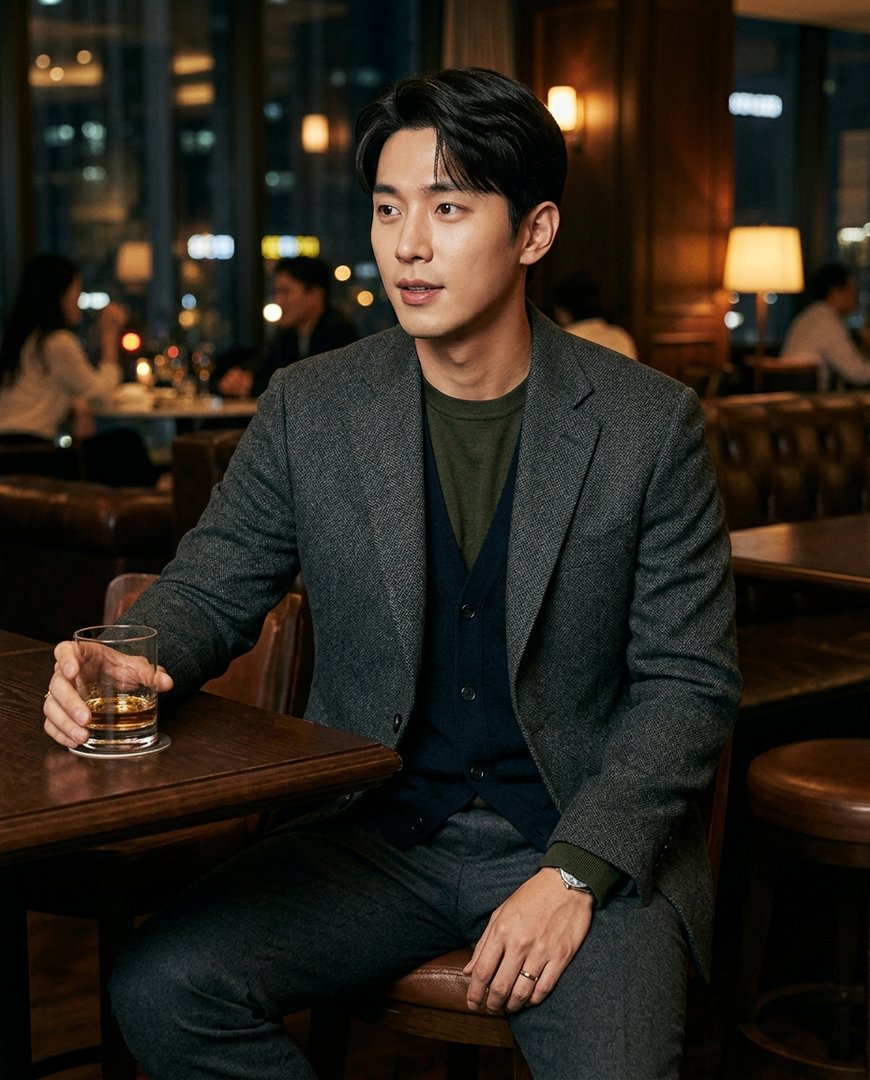 긴팔티셔츠와 재킷을 레이어링한 저녁 룩