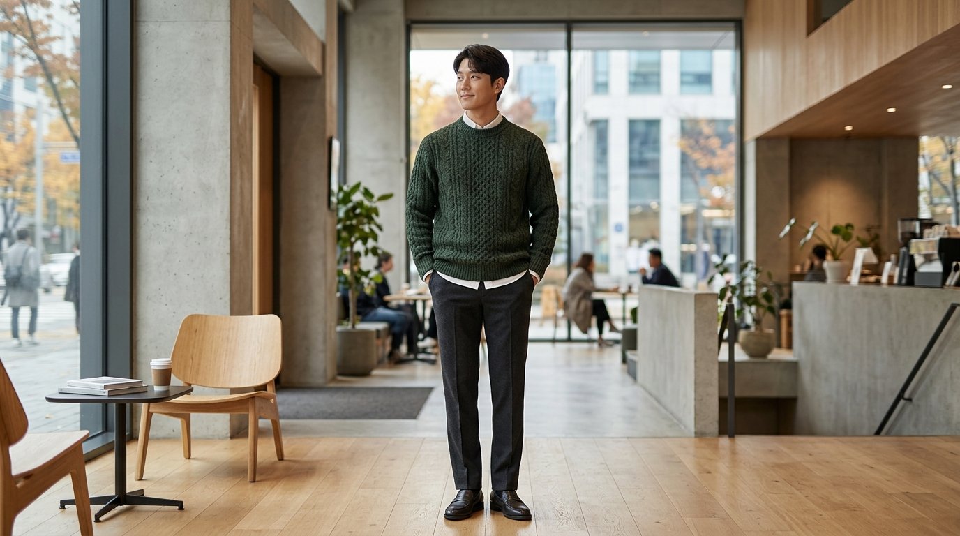 다양한 색상의 스웨터를 입은 모델 3명, 도시 배경 앞에 서 있음