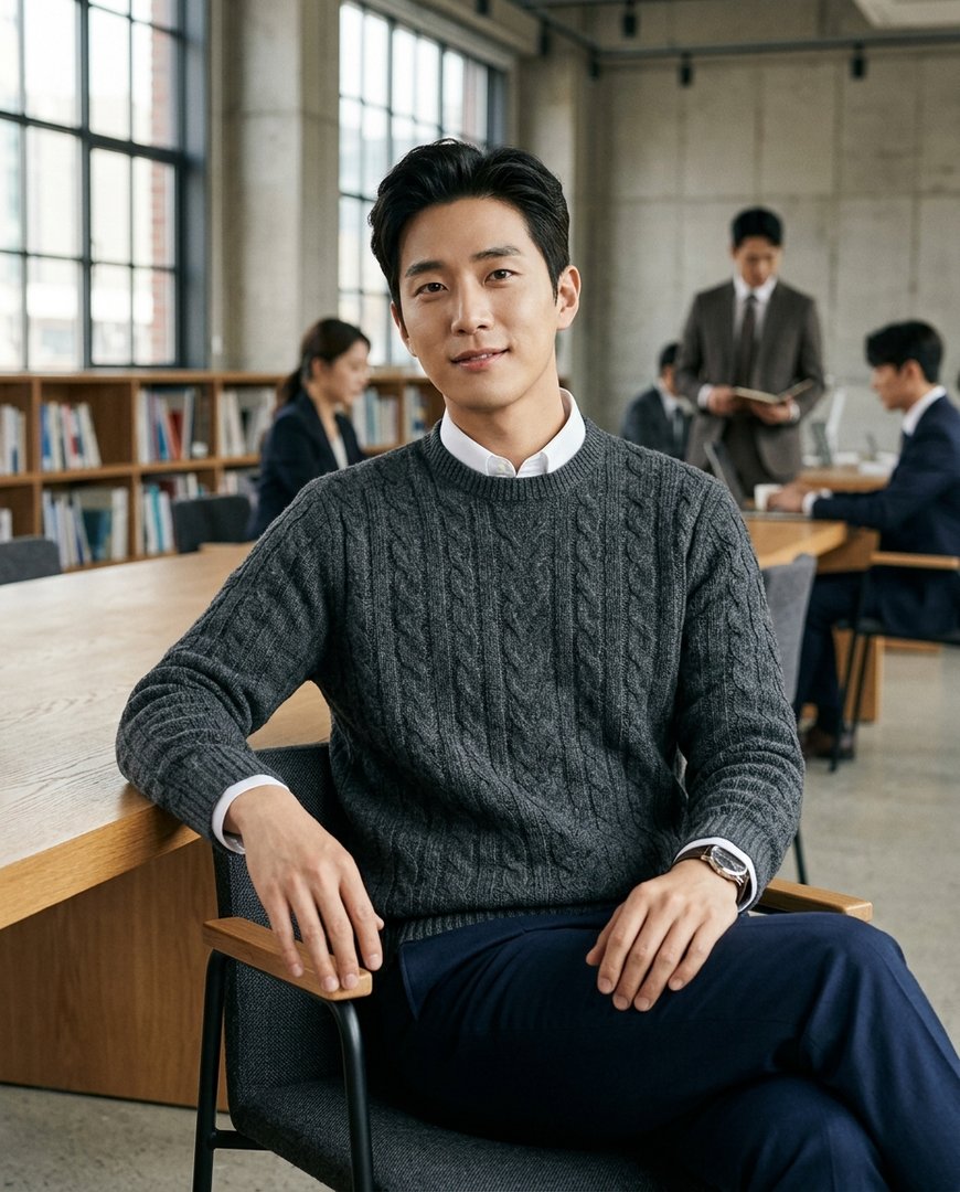 그레이 니트와 슬랙스를 착용한 모델, 도시 도로에서 포즈를 취하는 장면