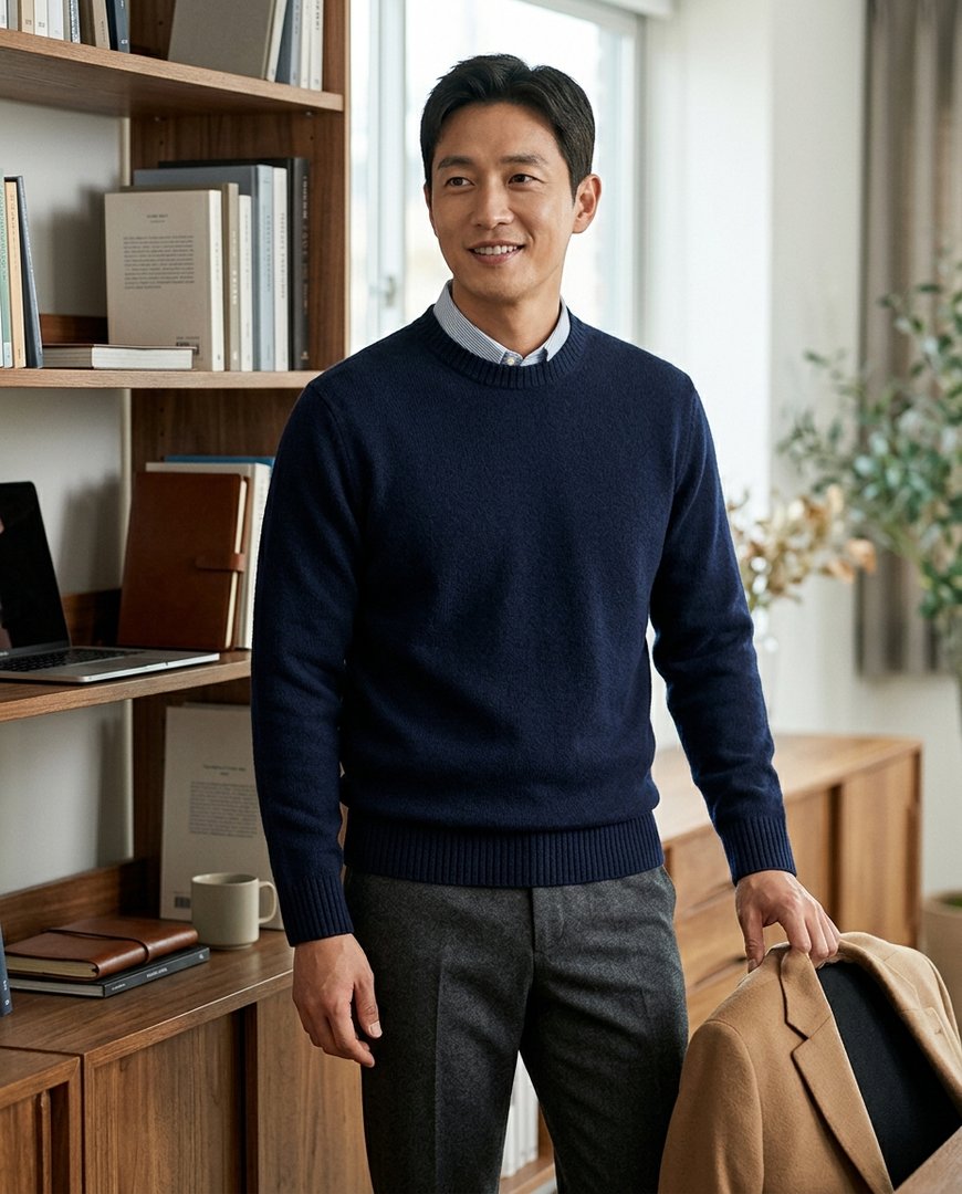 네이비 크루넥과 치노 팬츠를 입은 모델