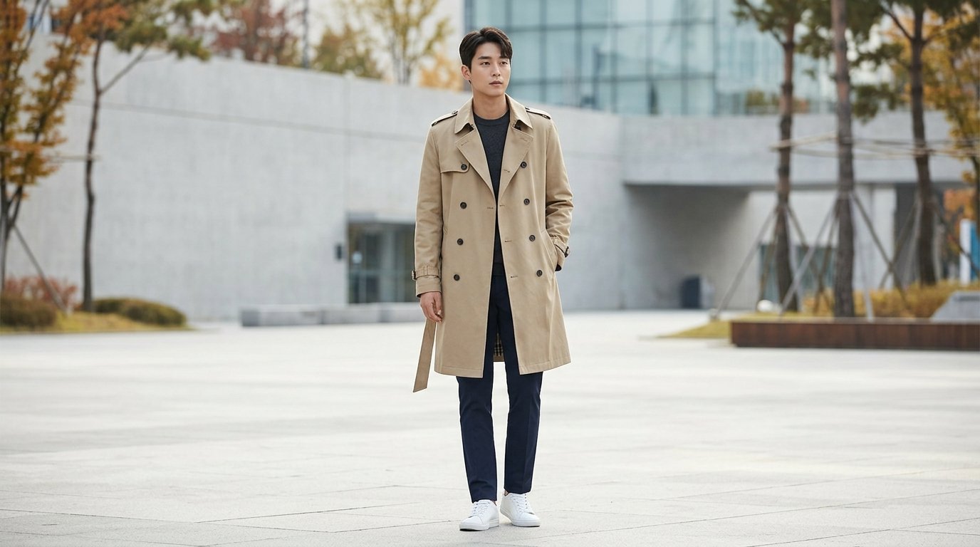 여러 트렌치코트가 쇼룸에서 가을 배경으로 전시됨