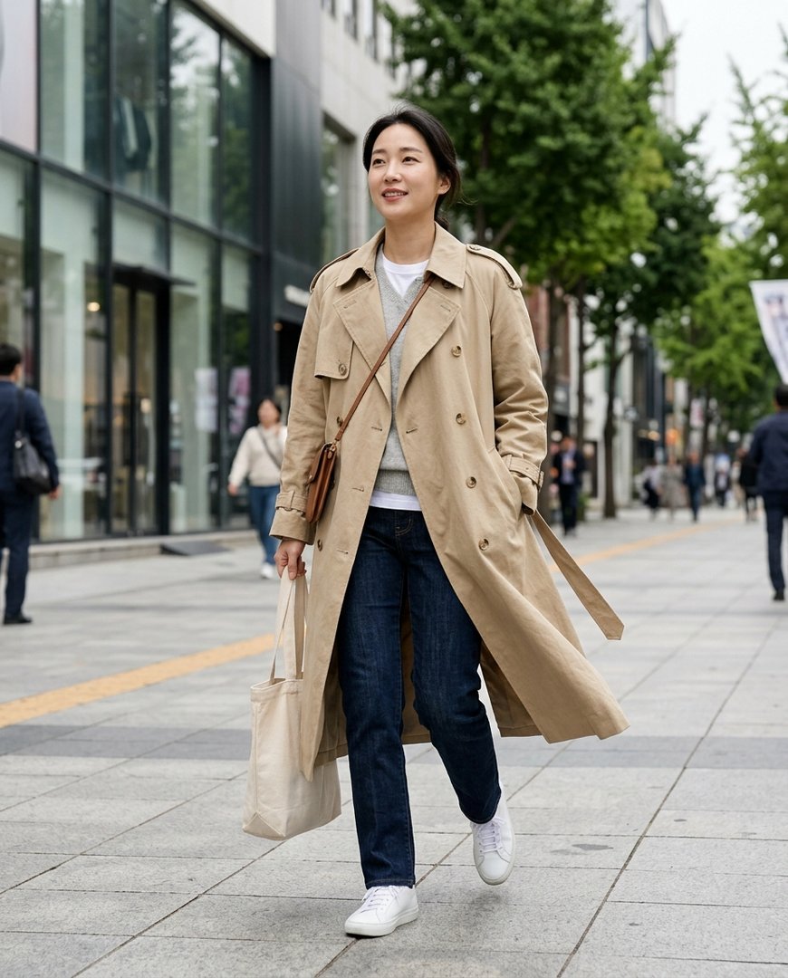 공원에서 레이어드룩을 연출하는 모델