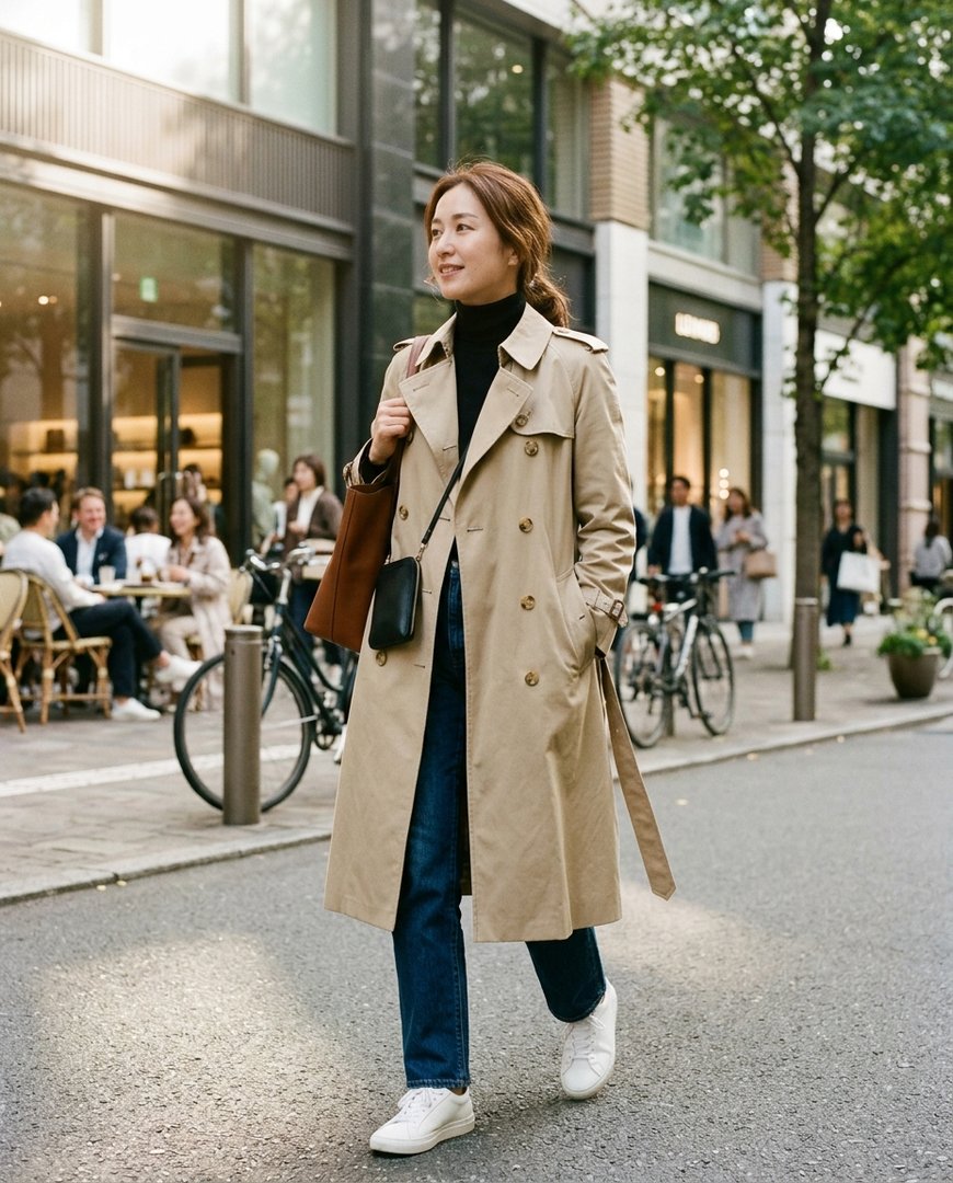 도시 거리에서 시크한 트렌치코트 코디