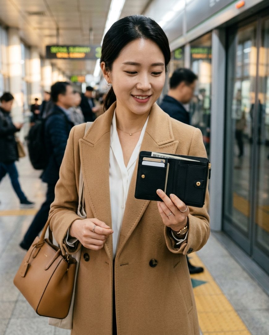 가방 안에 반지갑과 여러 카드가 놓여 있는 모습