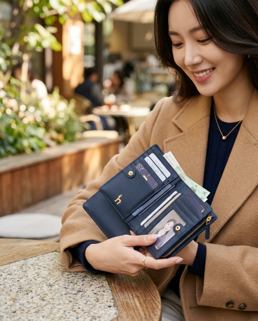 여성이 우아한 옷을 입고 반지갑을 들고 있는 모습