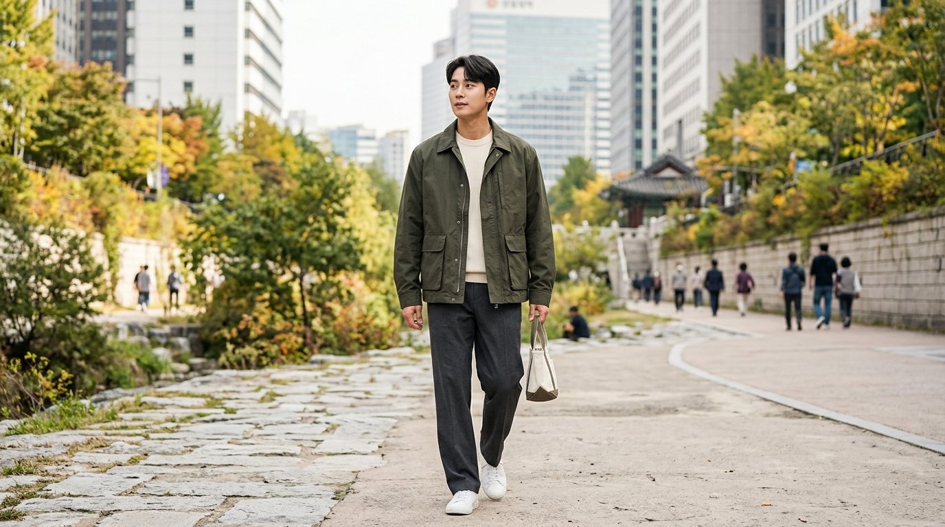 야외에서 편안한 캐주얼 자켓을 입은 모델