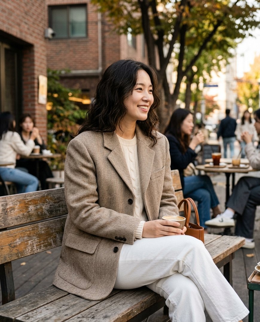 작은 카페에서 데님과 자켓 입은 사람