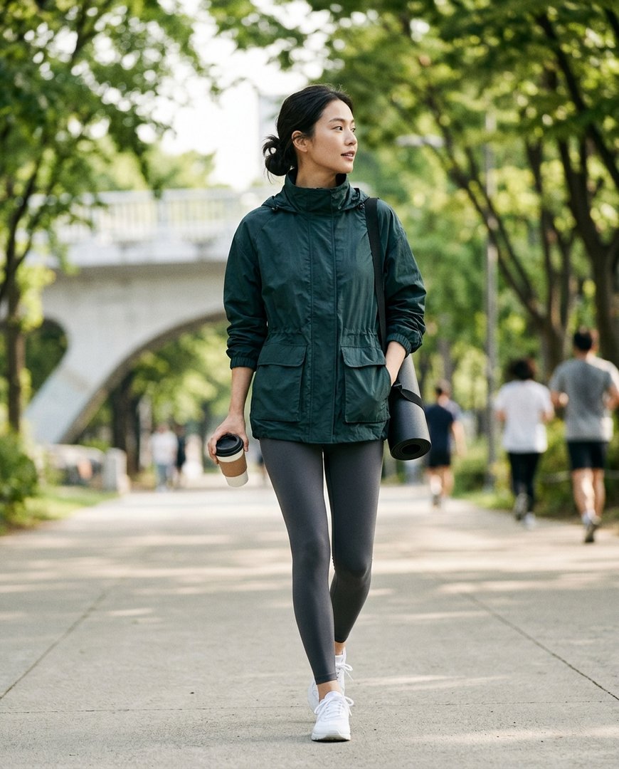 운동장에서 트랙팬츠와 자켓을 입고 있는 사람