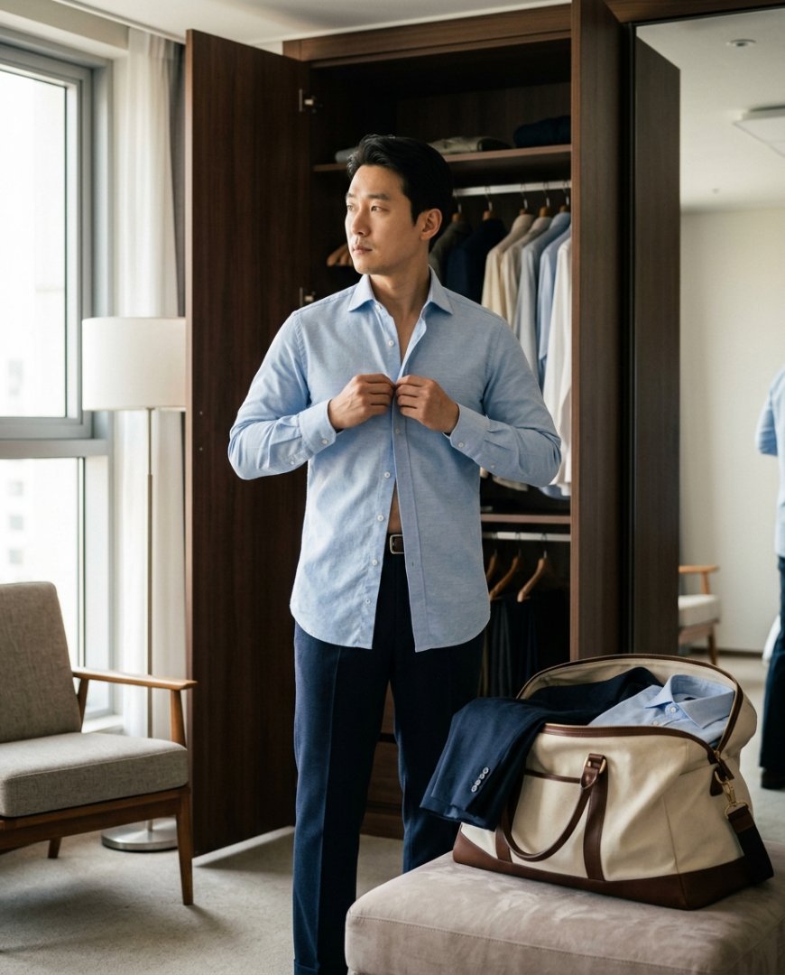사무실 환경에서 슬랙스와 긴팔 셔츠를 입은 모습