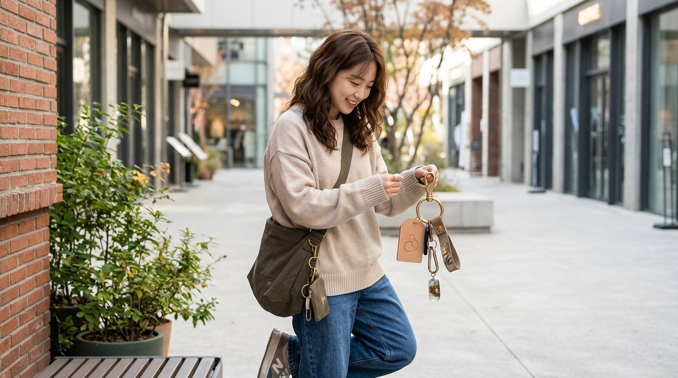 여러 가방에 매달린 다양한 키링이 보여지고 있는 장면.