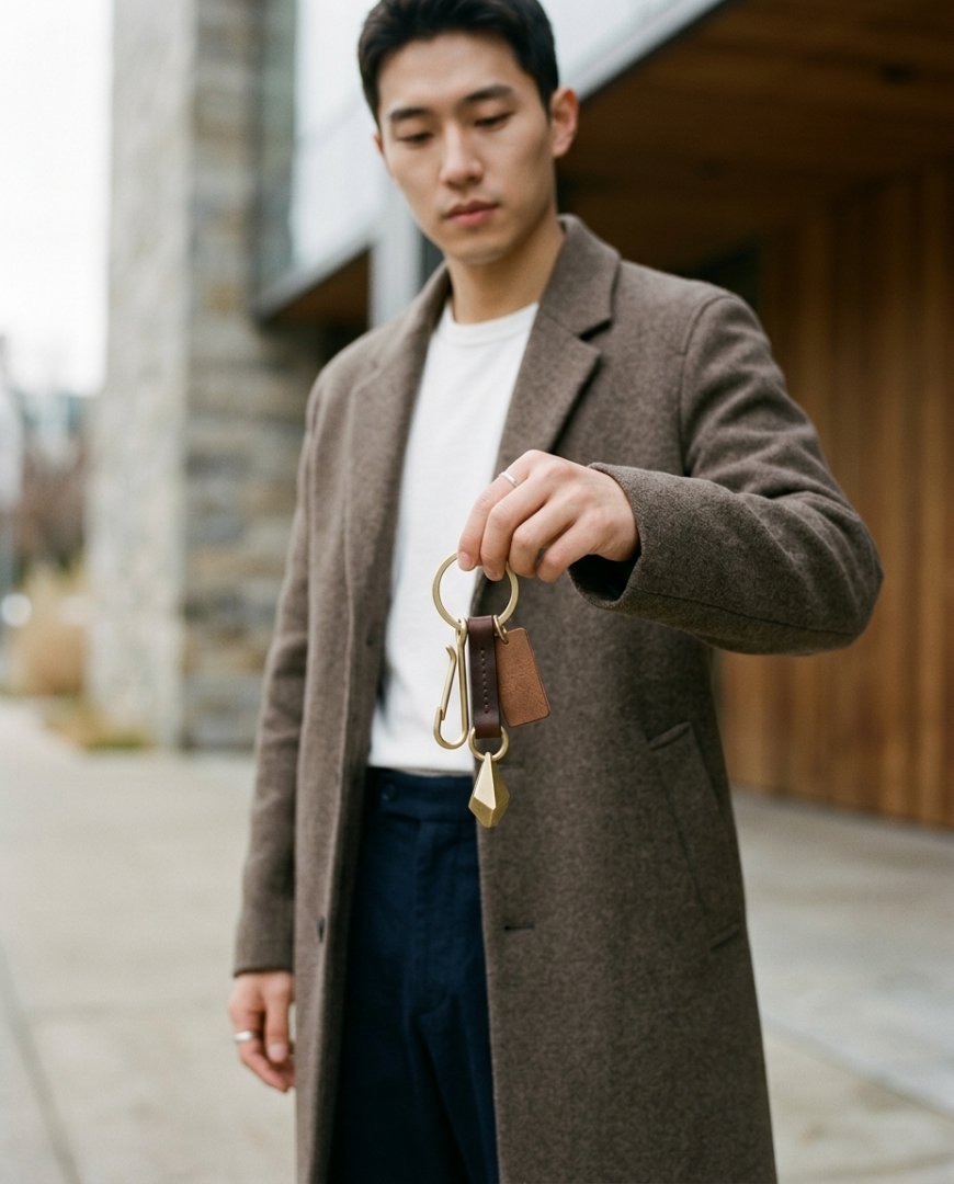 슬림한 숄더백에 부착된 미니멀 키링이 있는 장면.