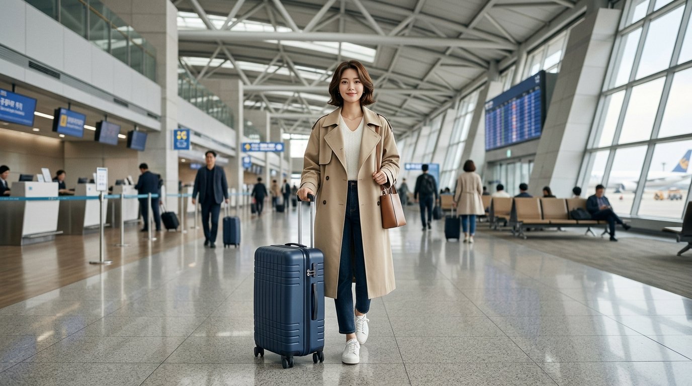 다양한 캐리어가 공항 배경에 놓인 장면