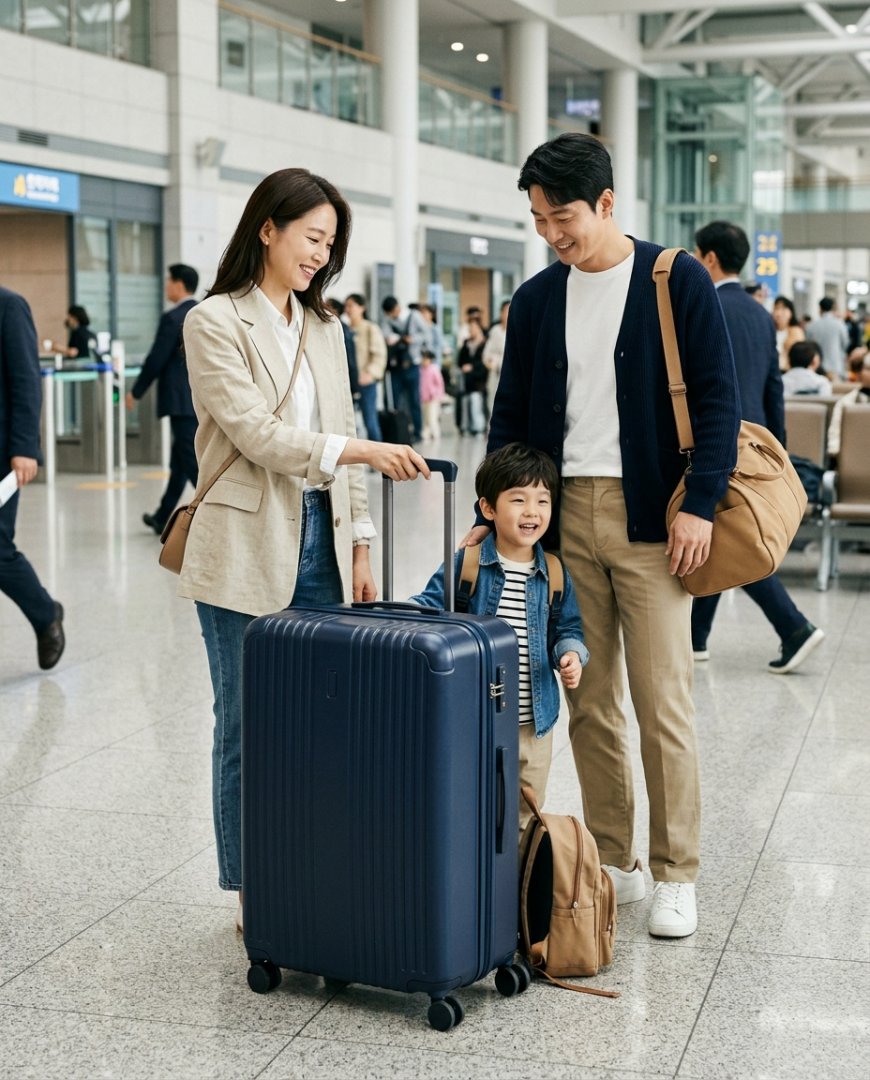 도시 거리에서 가족과 함께 움직이는 다채로운 캐리어들