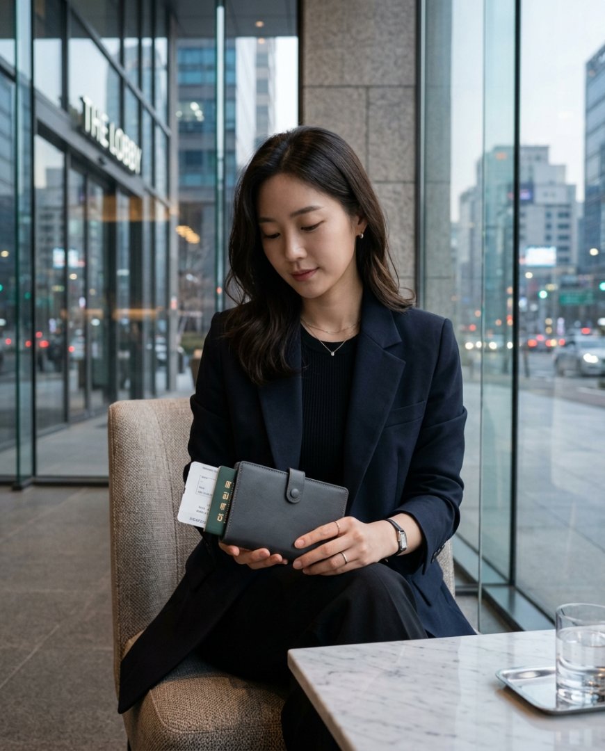 슬림 디자인의 여권지갑이 있는 책상