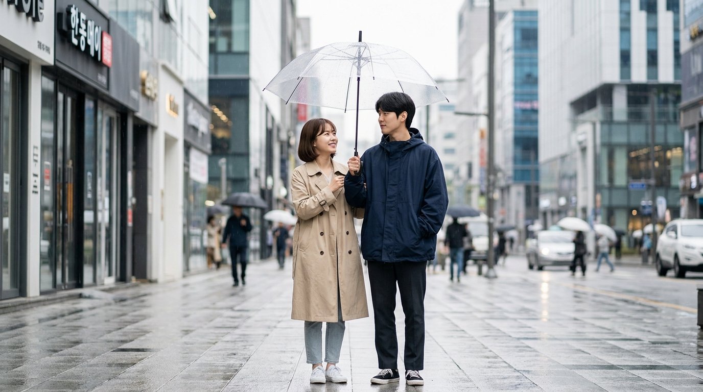 도심 거리에서 우산을 든 사람들의 풍경입니다.