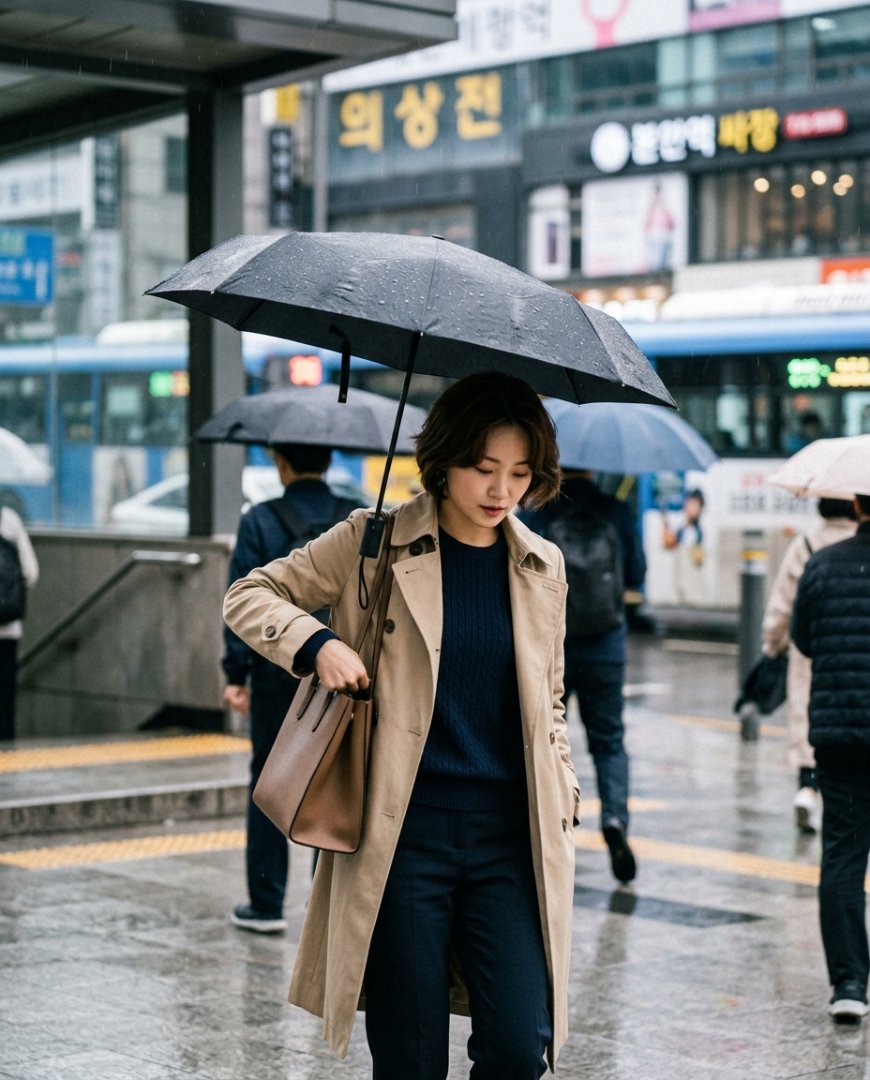 사무실 책상 위에 놓인 컴팩트한 휴대용 우산.