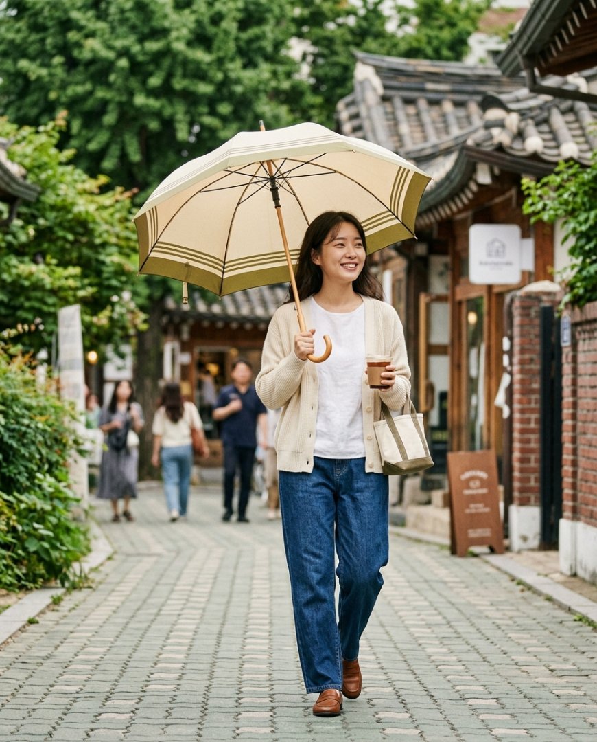 넓은 우산을 들고 공원 산책길에 서있는 모습.
