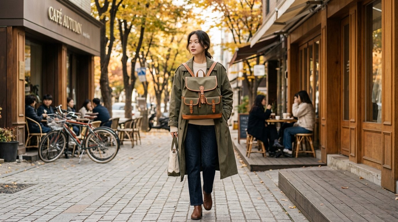 현대적인 도시를 배경으로 놓인 백팩, 넓은 장면 구성.
