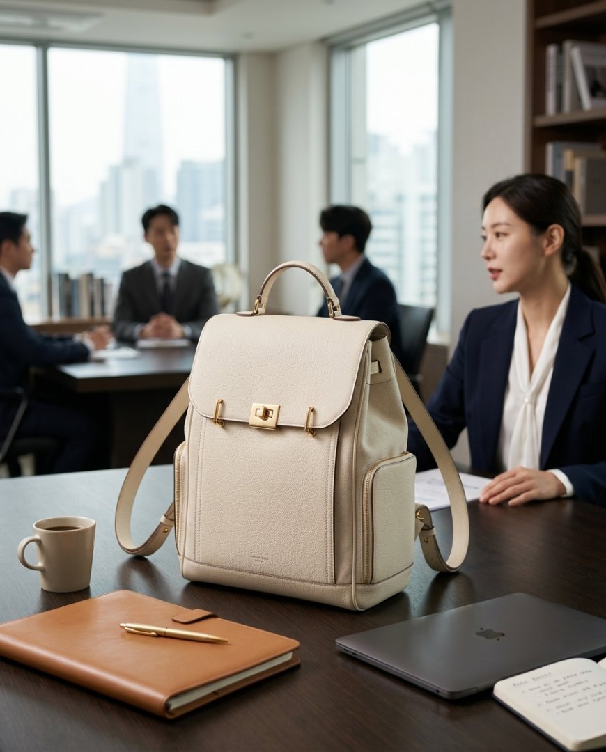 사무실에서 로퍼와 슬랙스를 입고 백팩을 매치한 비즈니스 남성.