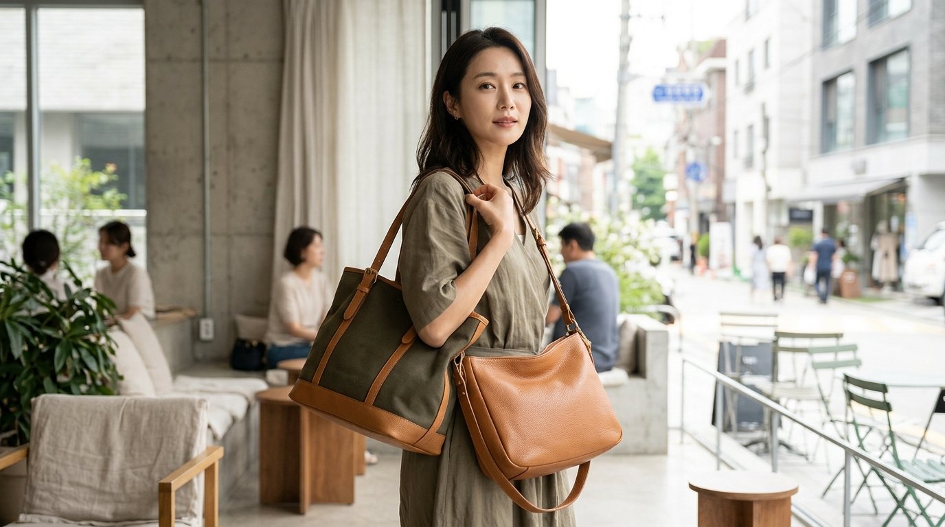 여러 명의 여성이 다양한 바네사브루노 가방을 들고 도시 거리를 걷고 있다.