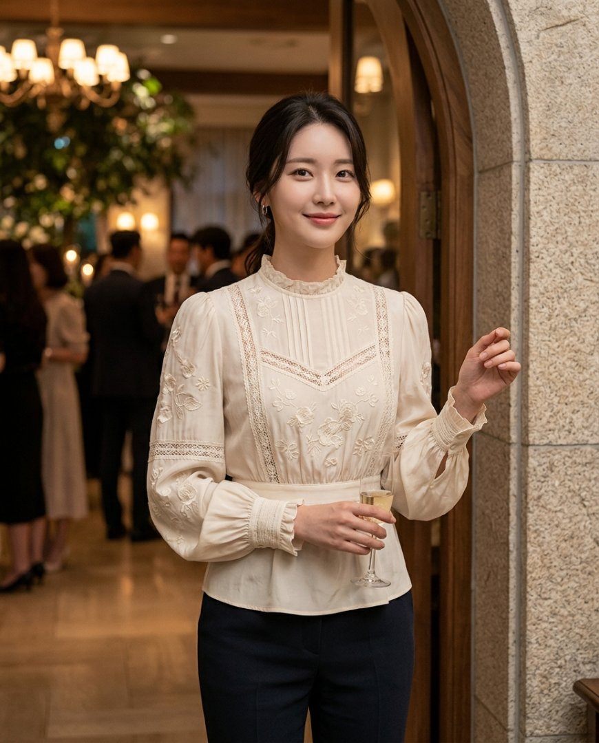 세밀한 디자인의 우아한 블라우스를 강조한 장면