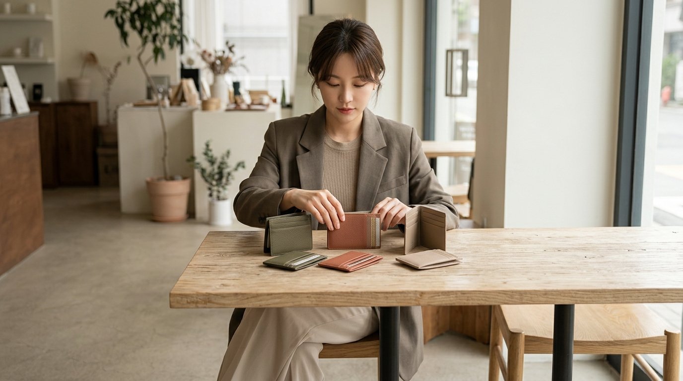 고급 가죽 카드지갑이 나란히 놓여 있음