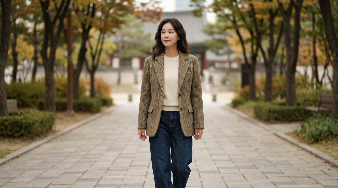 도심 속 자연광 아래 스타일링한 가을 자켓 착장 모습