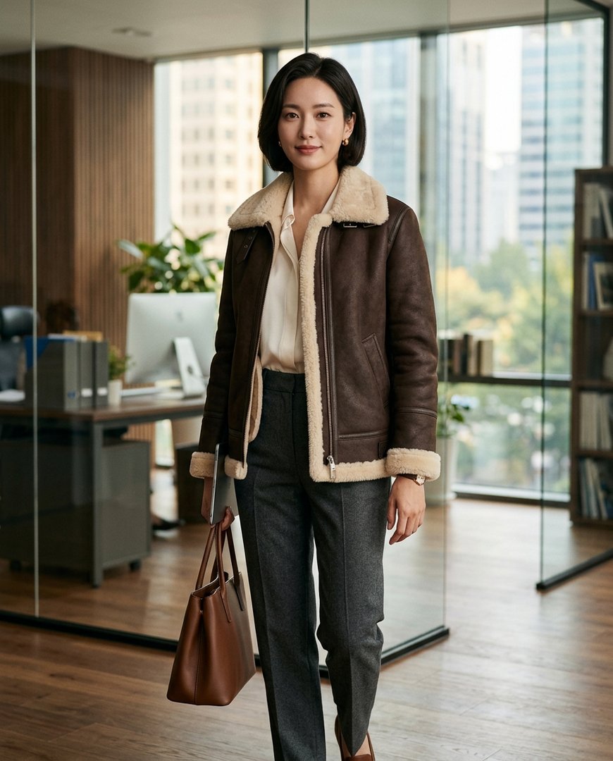 사무실에서 브라운 무스탕과 블라우스를 입은 모델