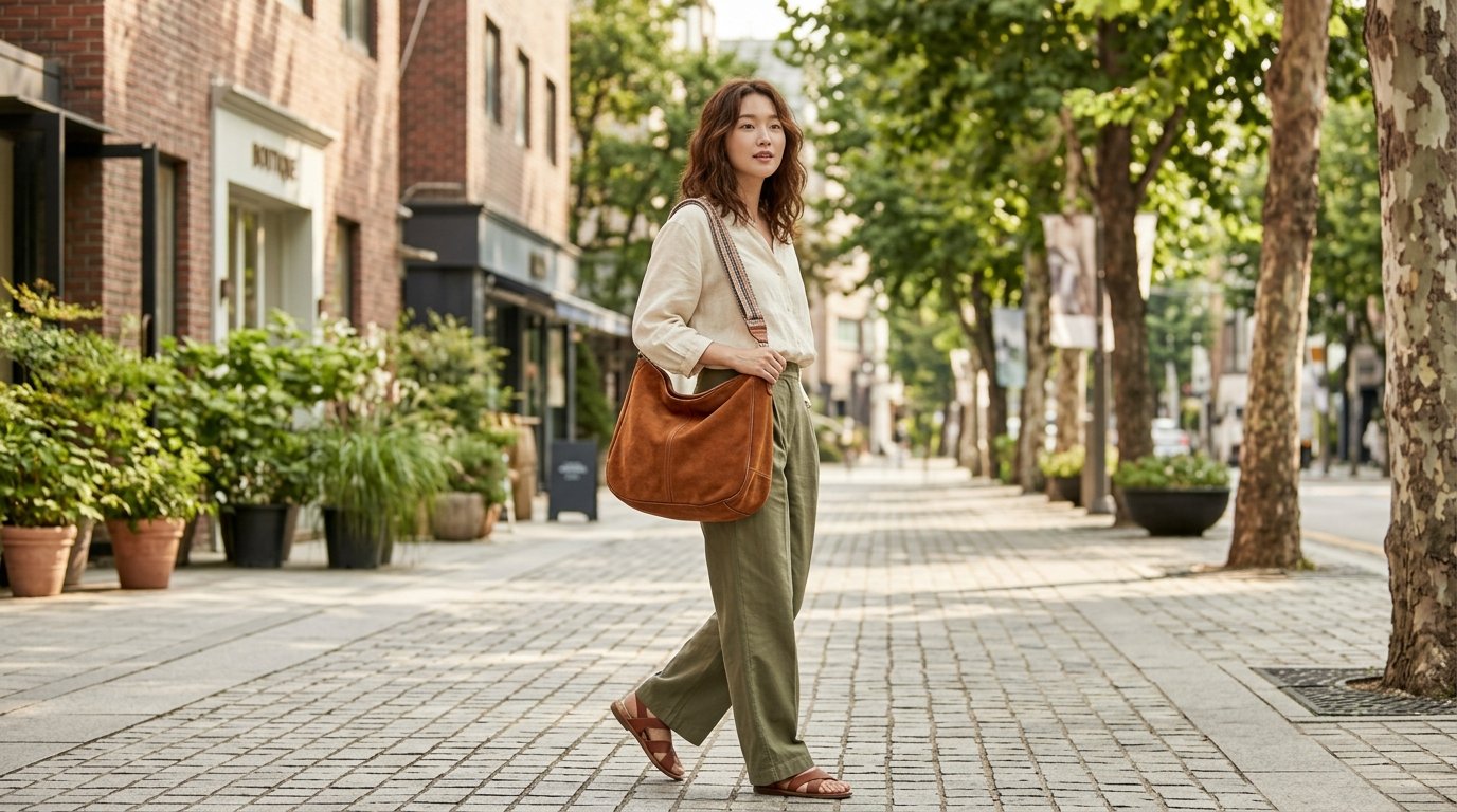 현대적인 패션 부티크에서 숄더백을 전시한 모습
