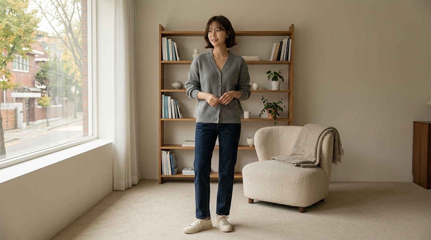 여러 기본 가디건이 진열된 패션 매장 장면