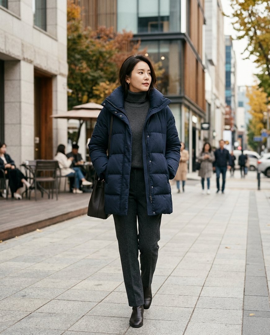 도시 거리에서 스타일리시한 다운 재킷을 입고 있는 여성 모델