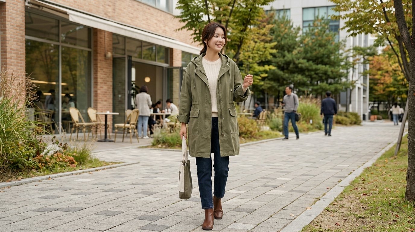 다양한 색상의 점퍼를 입고 도심 거리를 걷는 사람들. 계절감과 유행이 드러나는 장면