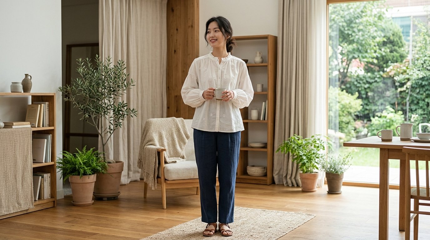 다양한 스타일의 긴팔 블라우스가 깔끔하게 진열된 모습