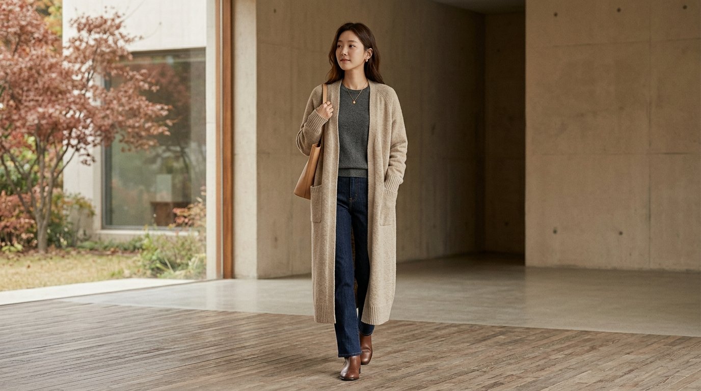 가을 풍경 속에 걸린 롱가디건