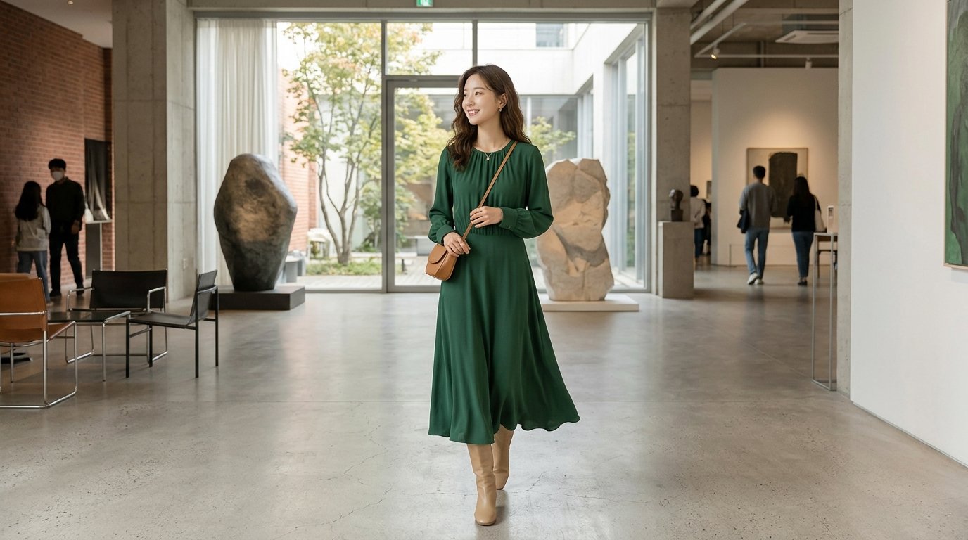 시내 거리를 배경으로 스타일리시하게 긴팔원피스를 입은 여성들